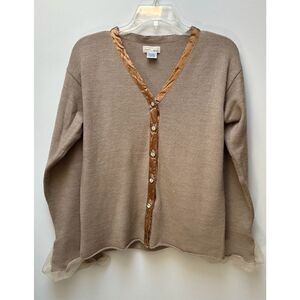 Neesh by DAR women’s tan wool blend button cardigan silk trim size L #45-1385